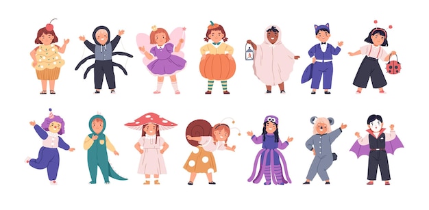 Vector set kinderen vermomd in grappige en enge kostuums voor halloween-feest. gelukkige kinderen gekleed in carnavalskleding. leuke meisjes en jongens in festivaloutfit. platte vectorillustratie geïsoleerd op wit.