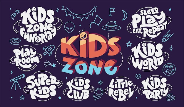 Set kinderen zone belettering en ruimte doodles.