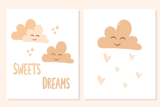 Set kinderposters in boho-stijl posters met wolken zoete dromen vectorillustratie een verzameling posters voor de kinderkamer in boho-stijl