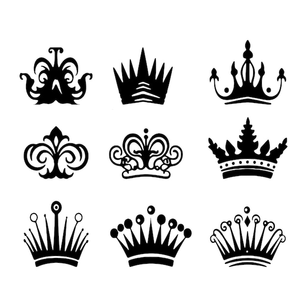 Set of king crowns and icon on white background royal symbols Crown icons set crown silhouette