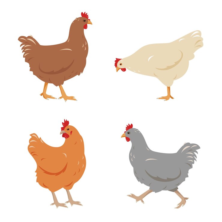 Vector set kippenvogels in verschillende kleuren en poses geïsoleerd