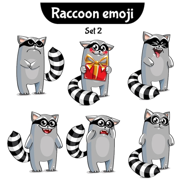 Set kit collection sticker emoji emoticon emotion isolated illustration happy character sweet, cute raccoon