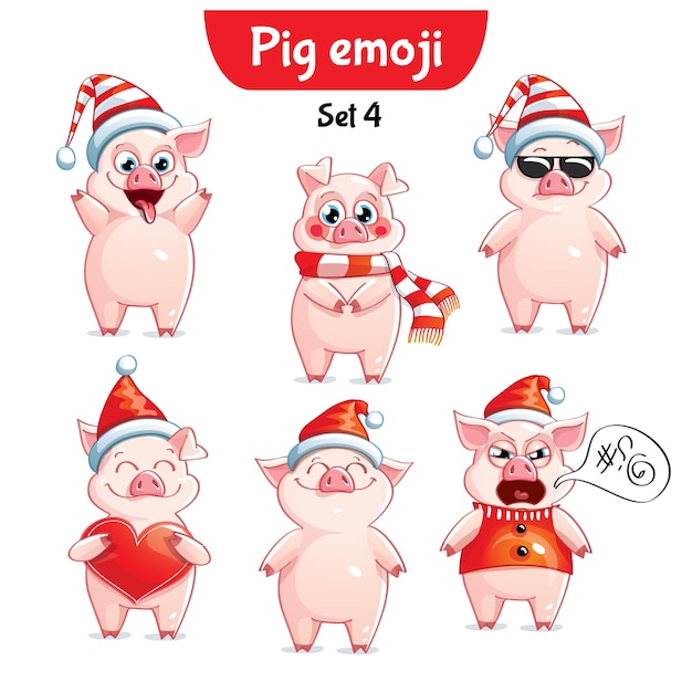 Set kit raccolta adesivo emoji emoticon emozione vettore isolato illustrazione carattere felice dolce, maiale di natale