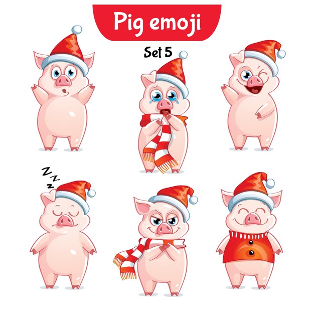 Set kit collection sticker emoji emoticon emotion vector isolated illustration happy character sweet, christmas pig