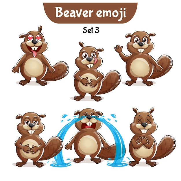 Set kit raccolta adesivo emoji emoticon emozione vettore isolato illustrazione carattere felice dolce, carino castoro