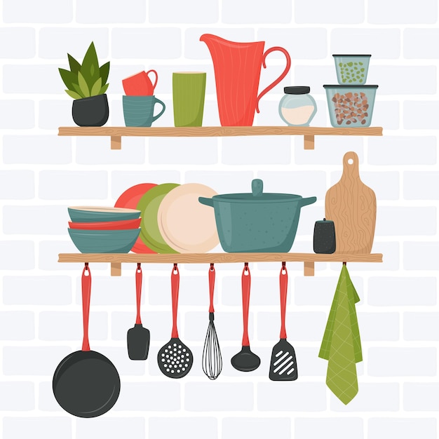 Vector set of kitchen accessory in retro style on shelves