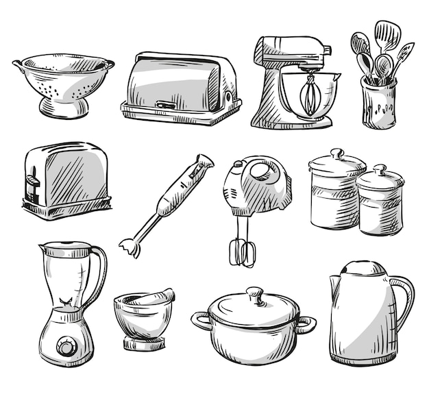 Set di elettrodomestici da cucina. utensili per la casa. disegnato a mano. illustrazione vettoriale.