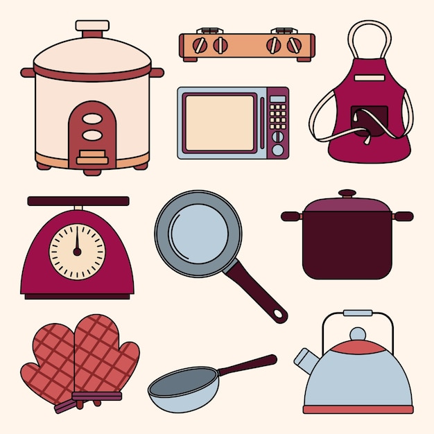 Set of kitchen appliances simple flat line illustration