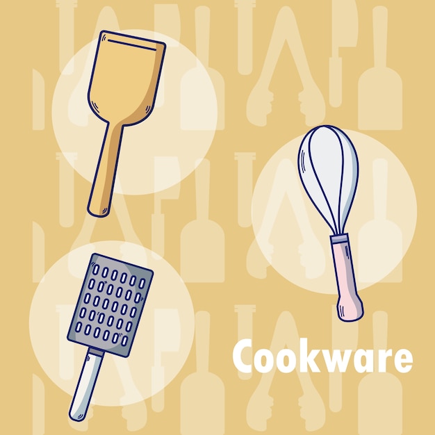 Set of kitchen cookware utensils cartoons 