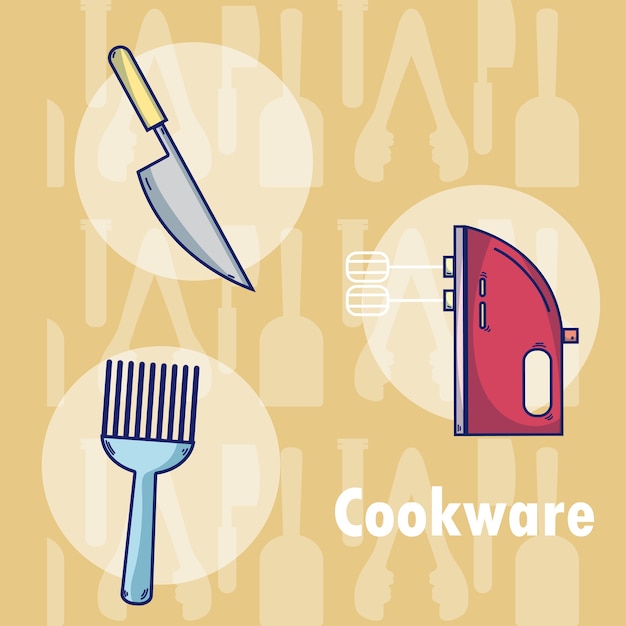 Set of kitchen cookware utensils cartoons