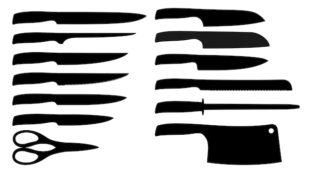 Set of kitchen knives icons isolated on white background Silhouette of kitchen utensils Butcher knives chef knife versatile and for slicing fruits vegetables For restaurants or home cooking