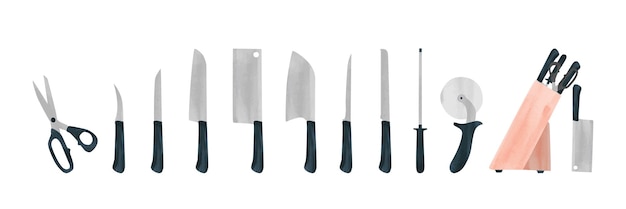 Set di coltelli da cucina acquerello vettore. set di coltelli clipart. attrezzature da macellaio e utensili da cucina