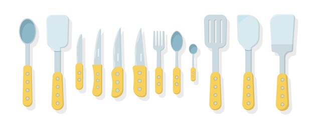 Set of kitchen tools isolated on a white background. icons in flat style. lots of wooden kitchen tools, utensils, cutlery. kitchenware collection.