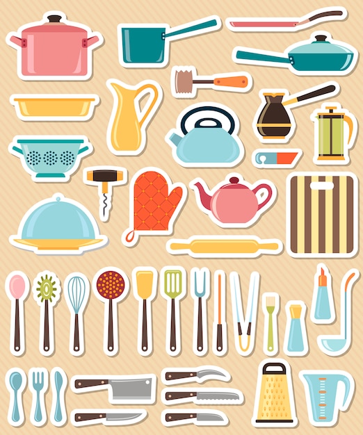 Vector set of kitchen utensil and collection of cookware icons