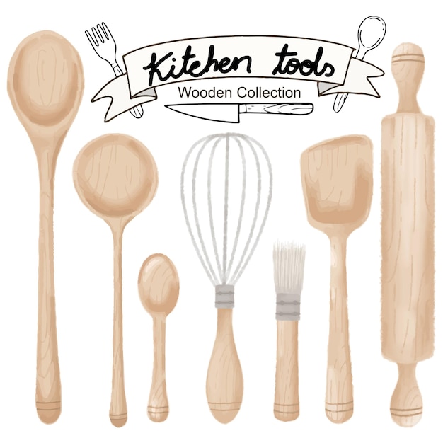 set kitchen utensil collection wood cookware icons