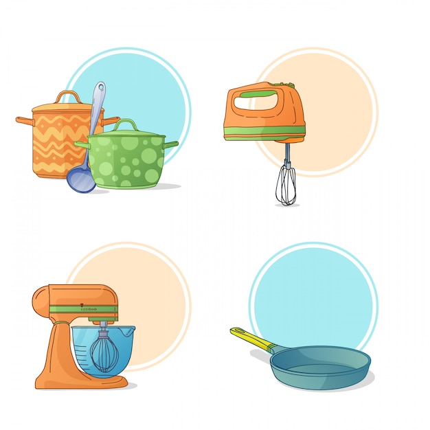 A set of kitchen utensils in a cartoon style. kitchen tools and appliances for cooking.