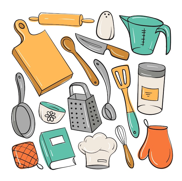 Set of kitchen utensils and colorful doodles items. vector illustration.