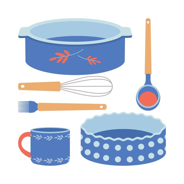 A set of kitchen utensils a mug a whisk a ladle a bowl a baking dish