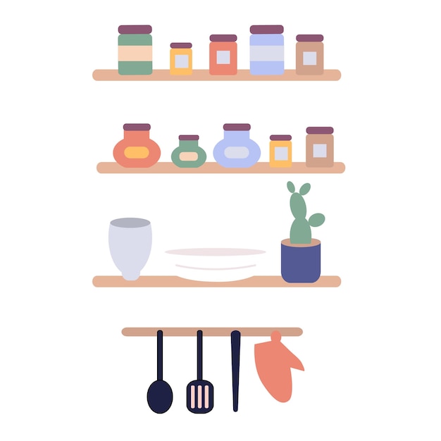 Vector set of kitchen utensils on a shelf