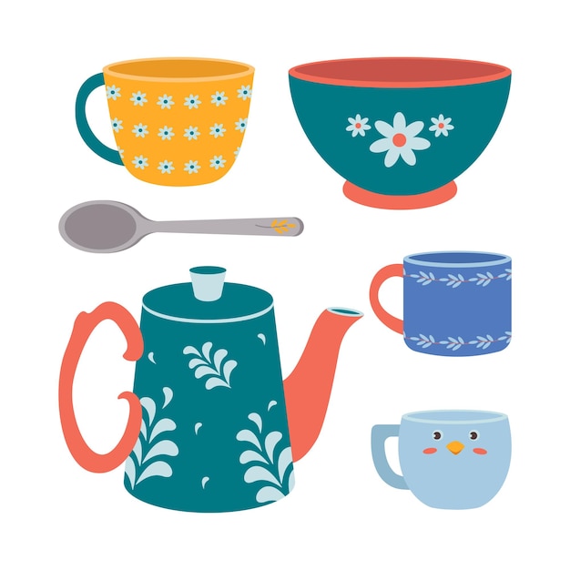 A set of kitchen utensils a spoon a kettle a mug a plate a bowl