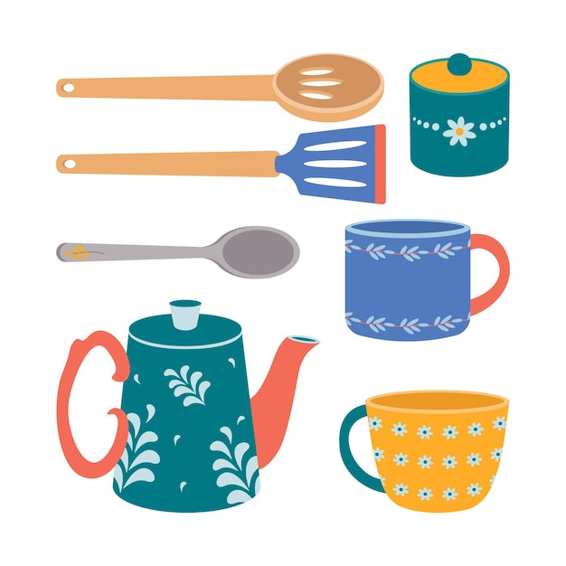 Vector a set of kitchen utensils a spoon a kettle a mug a sugar jar spatula a ladle