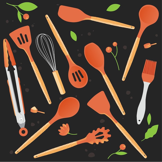 Vector set of kitchen utensils spoons and spatulas