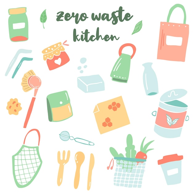 Set of kitchen utensils Zero waste living concept Hand drawn vector illustration