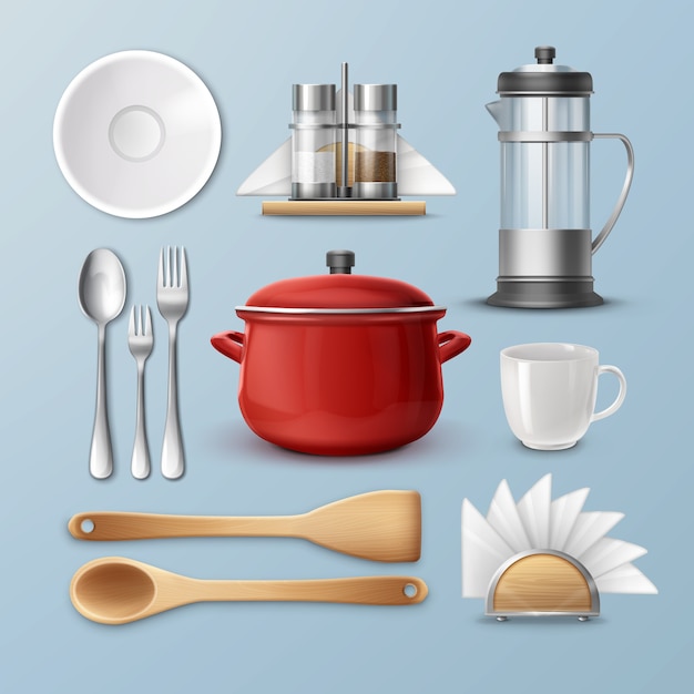 Vector set of kitchenware: dishes, flatware and utensil