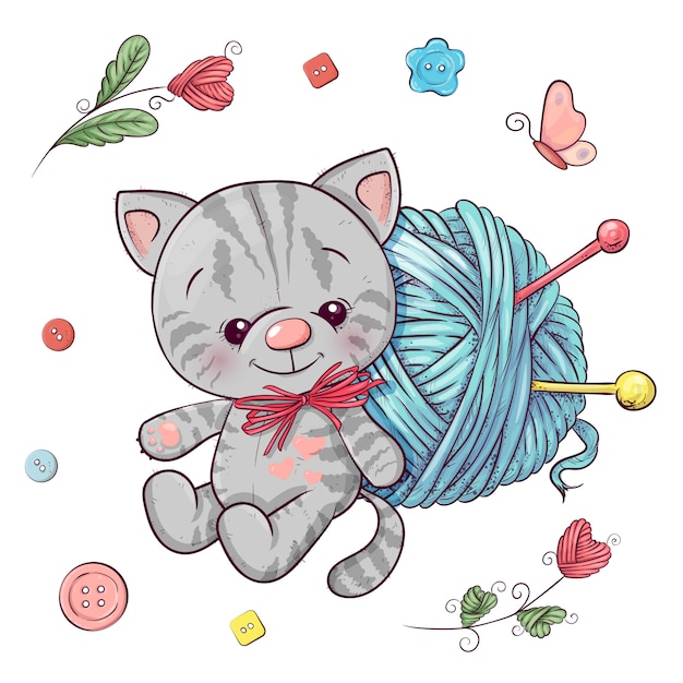 Vector set kitten and a ball of yarn for knitting.