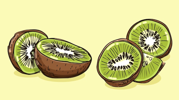 Set di illustrazioni vettoriali kiwi in uno stile di schizzo piatto disegnato a mano schizzo colorato