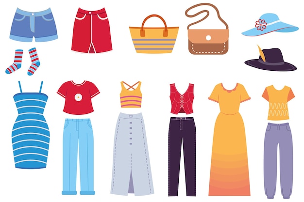 Set kleding in cartoon-design dameskleding voor elke smaak is te vinden in deze illustratie