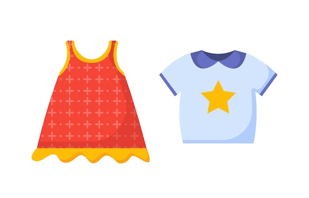 Set kleding voor baby's concept Rode jurk met ster en blauwe tshirt Zomerkleding voor warm weer Sjabloon lay-out en mock up Cartoon platte vector collectie geïsoleerd op witte achtergrond