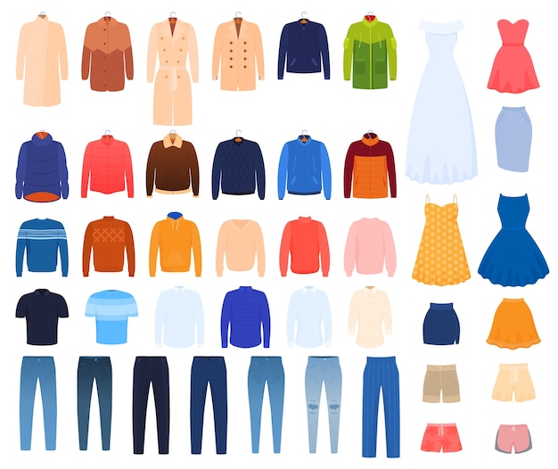 Fonetiek zingen smeren Set kleren. bovenkleding voor heren en dames. jassen, regenjassen,  sweaters, overhemden, t-shirts, jeans, broeken, korte broeken, jurken. |  Premium Vector