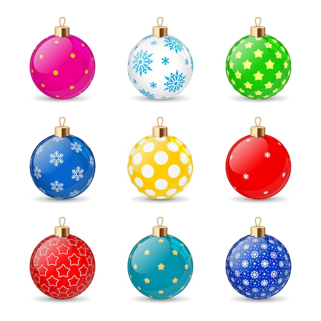 Set kleur kerstballen op een transparante achtergrond. Kerstversiering op voorraad. Kous element Nieuwjaar. Transparant vectorobject voor ontwerp, mock-up.