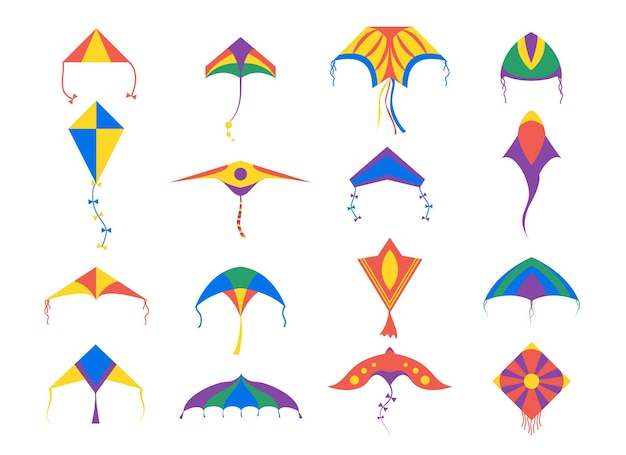 Set kleurrijke vliegers van verschillende vormen op witte achtergrond Vector vliegend speelgoed voor kinderen in cartoon stijl