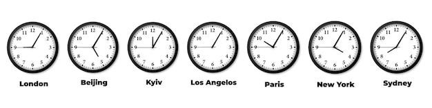 Set klok met tijdzone van verschillende stad met schaduw