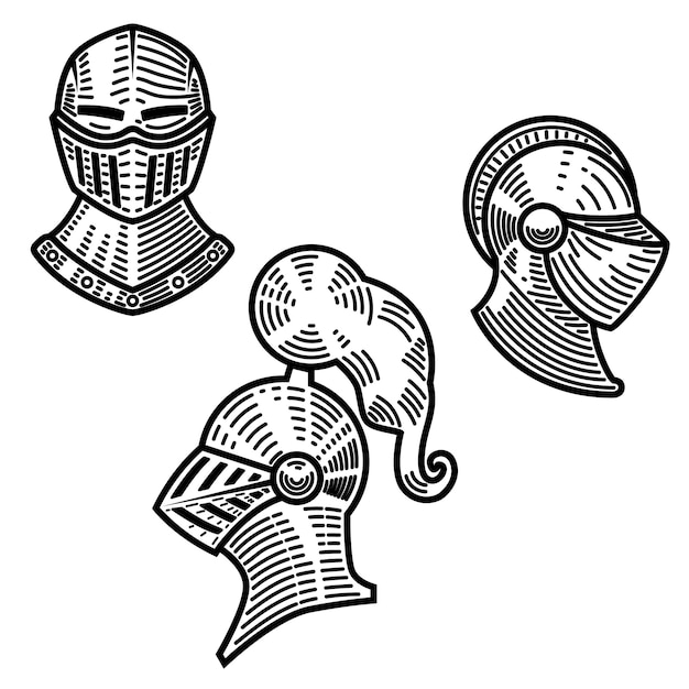 Set of knight helmets in engraving style.  element for logo, label, emblem, sign.  illustration