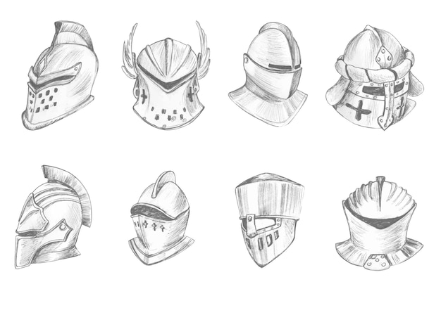 Vector set of knight's helmets hand drawn in pencil