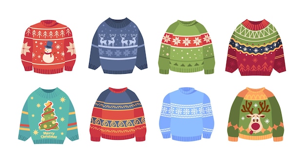 Vector set of knit sweaters for christmas party cozy warm jumpers collection with snowman reindeer spruce and snowflakes