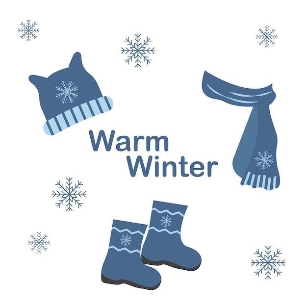 Vector set of knitted winter clothes in blue woolen hat scarf with snowflakes and winter boots