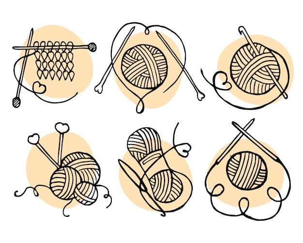 Vector a set of knitting needles, skeins with threads, knitting needles, hooks, knitwear. hand drawn line