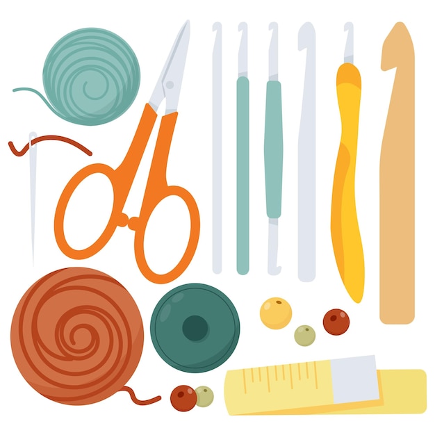 Vector set of knitting tools and balls of yarn