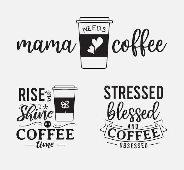 Set koffie belettering ontwerp voor t-shirt, print en mok