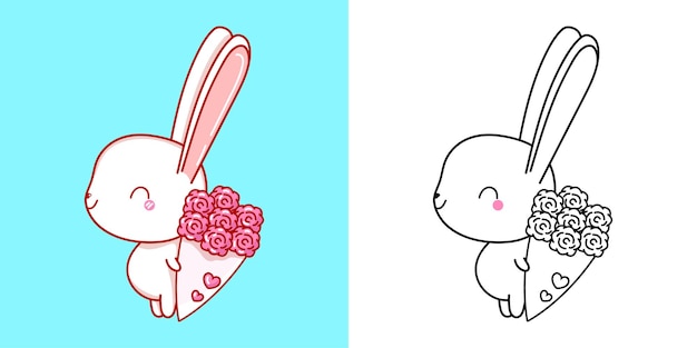 Set Konijn Kleurplaat en Gekleurde Illustratie Clip Art Kawaii Bunny