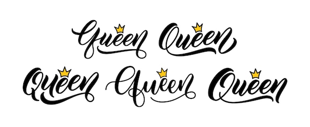 Set koningin woorden met kronen Hand belettering ontwerp voor het bedrukken van kleding Vector kalligrafische tekst slogan koningin voor tee shirt