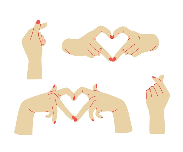 Set korean heart from hands, fingers, flat illustration, isolated on the white background, love