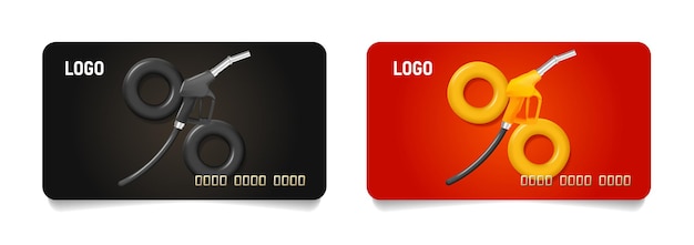 Set kortings- of creditcards met 3d illustratie van gaspistool en wielen die een procenttekensjabloon maken voor een reclamevoucher voor benzinestations