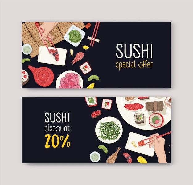 Vector set kortingsbonnen of coupons met japans eten en handen met sushi, sashimi en broodjes met eetstokjes op zwart