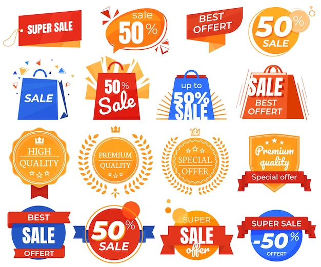 Set kortingsstickers, promoties, beste deals. illustraties voor reclameaanbiedingen.