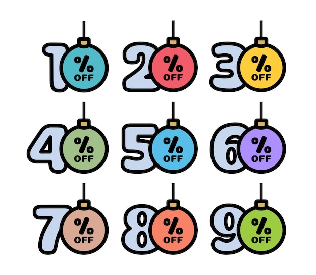Set kortingstags 10,20,30,40,50,60,70,80,90 procent korting in de vorm van kerstballen in traditionele kleuren. Wintervakantie kortingsaanbieding. vector illustratie